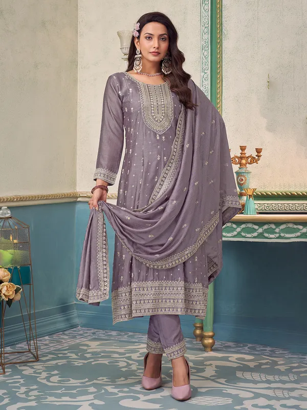 Lilac purple silk salwar suit with elegant detailing