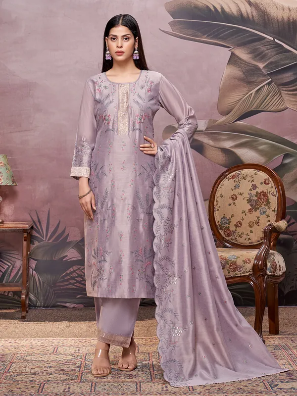 Lilac purple silk salwar suit with embroidery work