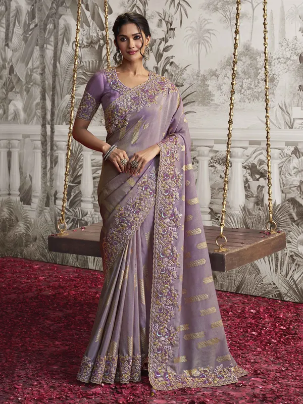 Lilac purple silk saree with resham ans zari work