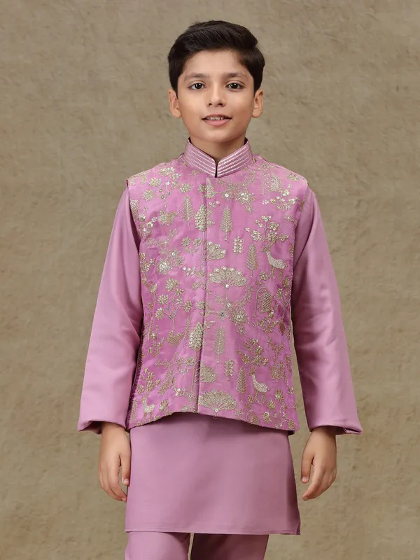 Lilac purple silk sequins worked waistcoat set