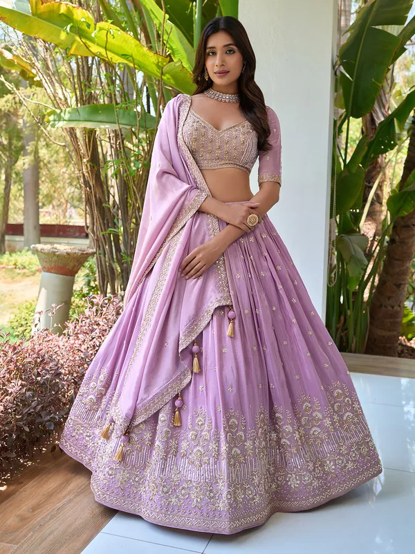 Lilac purple silk wedding wear lehnega choli