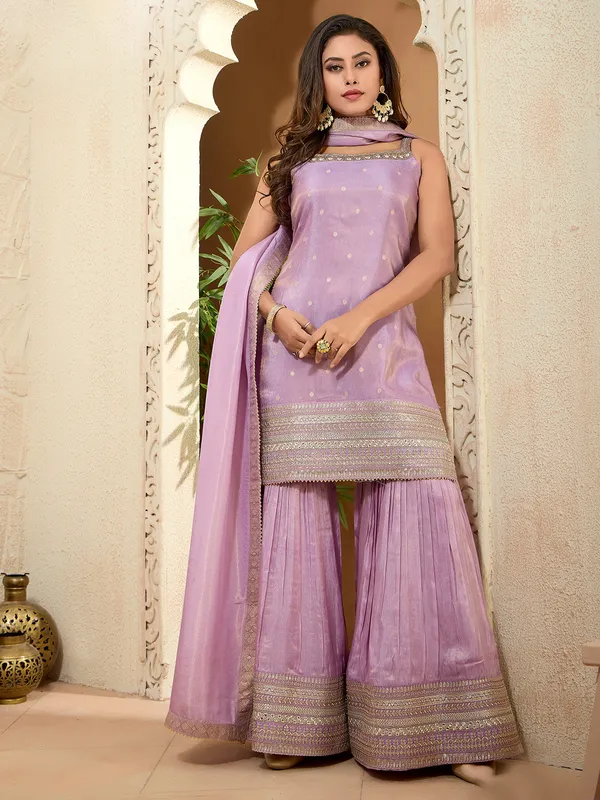 Lilac purple silk wedding wear sharara suit