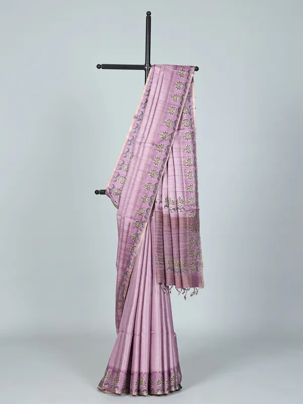 Lilac purple zari weaving saree in semi cotton silk