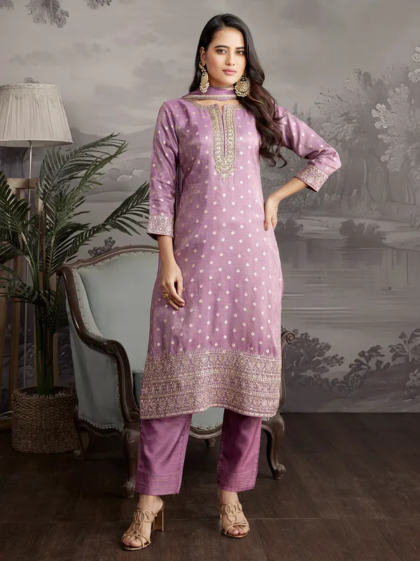 Lilac purple zari weaving silk salwar suit