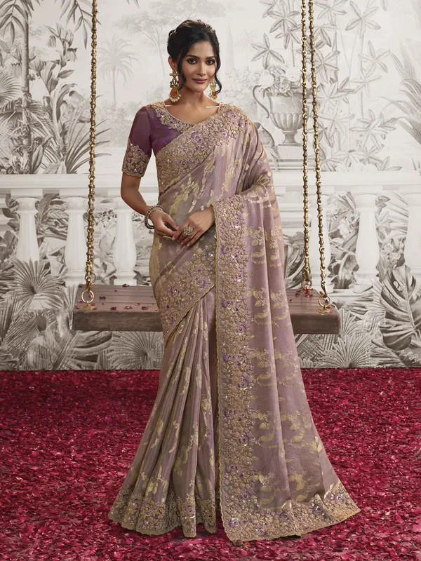 Lilac purple zari work silk saree