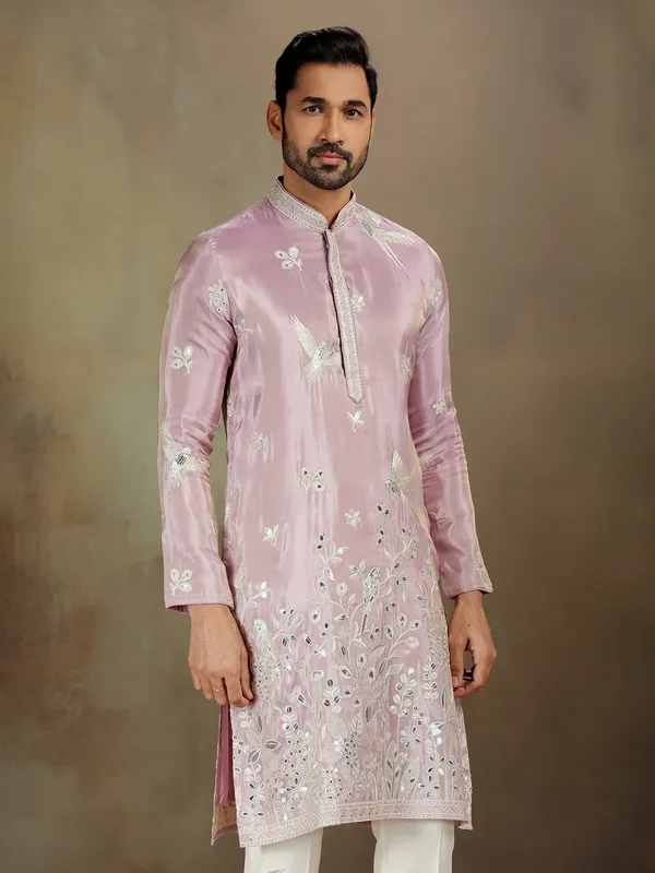 Lilac tissue silk kurta with zari touch