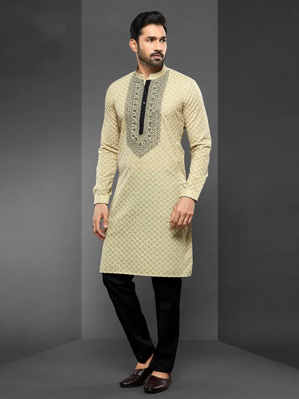 Lime green cotton kurta suit for men