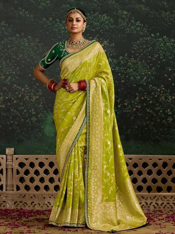 Lime green dola silk saree with zari weaving