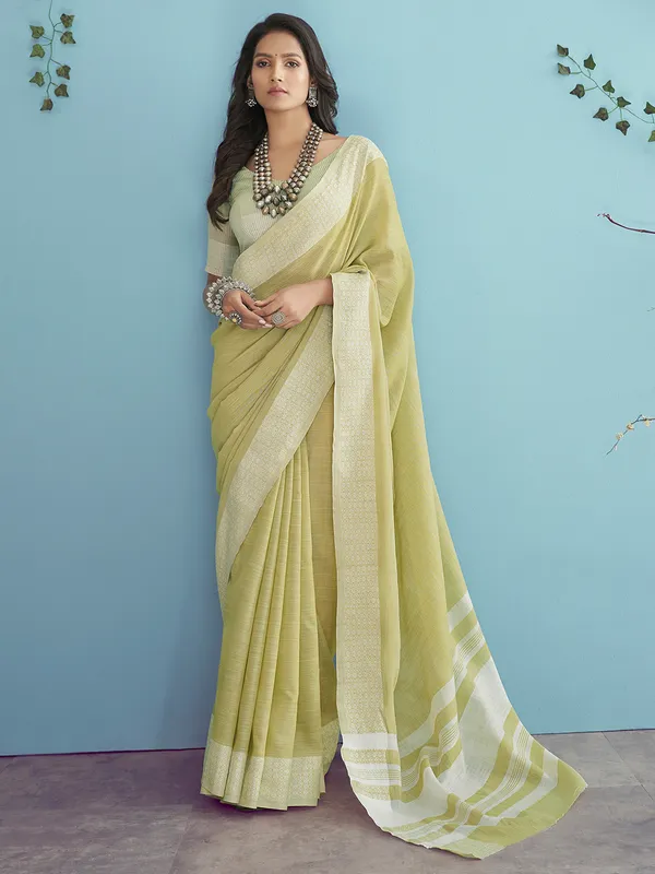 Lime green linen saree