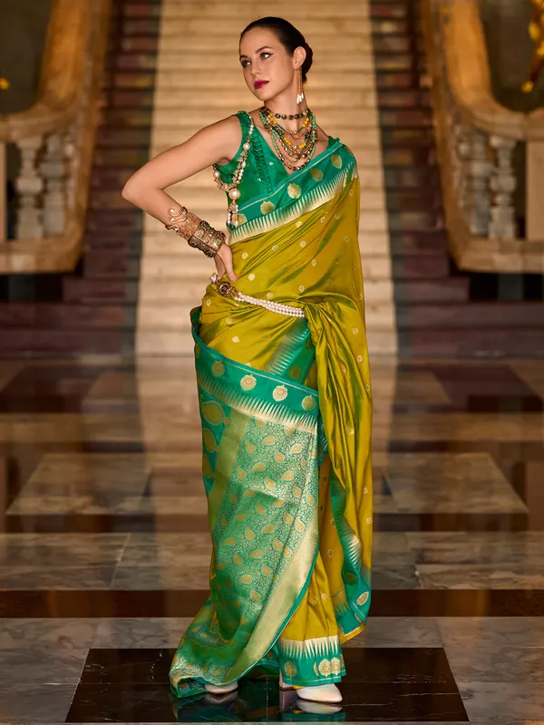 Lime yellow banarasi silk saree for women
