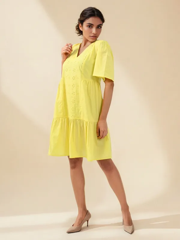 Lime yellow cotton casual wear dress