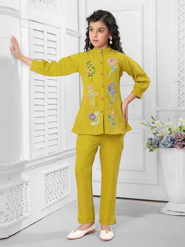 Lime yellow cotton embroidery co-ord set