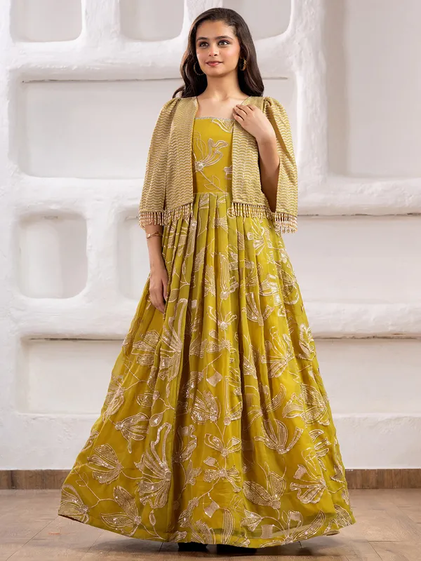 Lime yellow georgette gown with resham work
