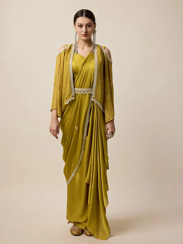 Lime yellow jacket style pre-stitched saree