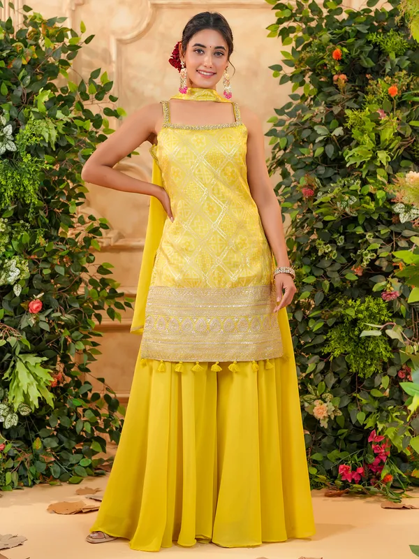 Lime yellow printed silk palazzo suit