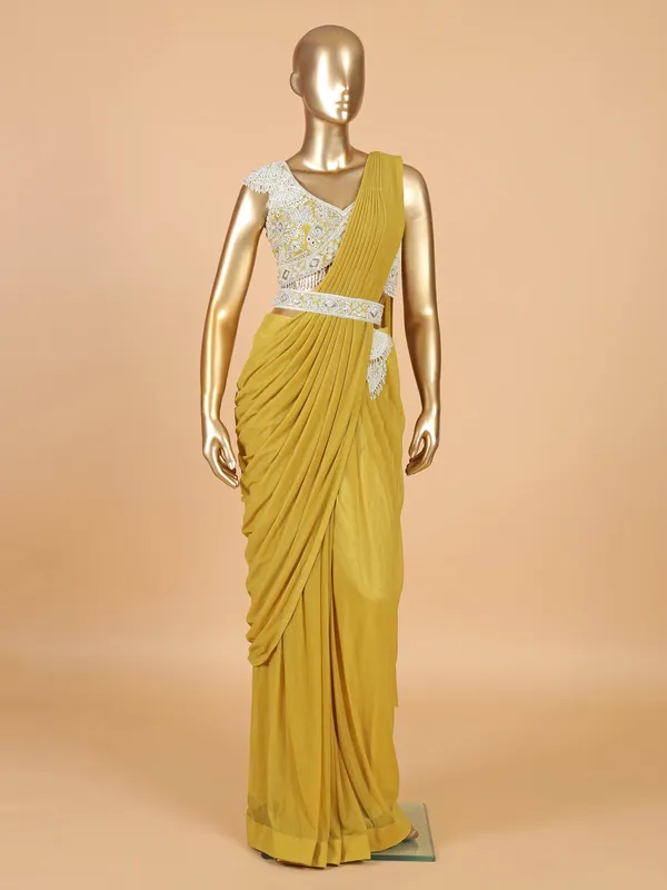 Lime yellow ready to wear net saree