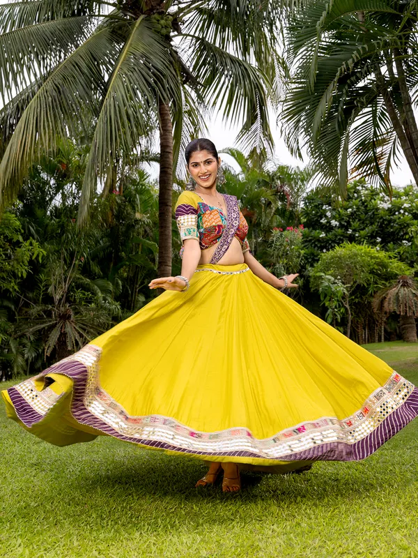 Lime yellow silk lehenga choli for navratri