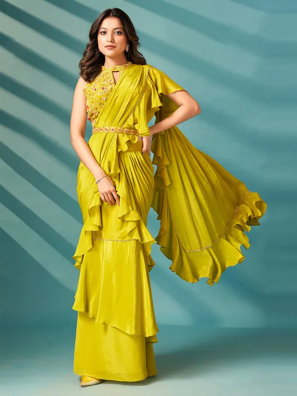 Lime yellow silk ruffle saree