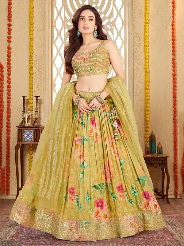 Limer green silk lehenga choli with print