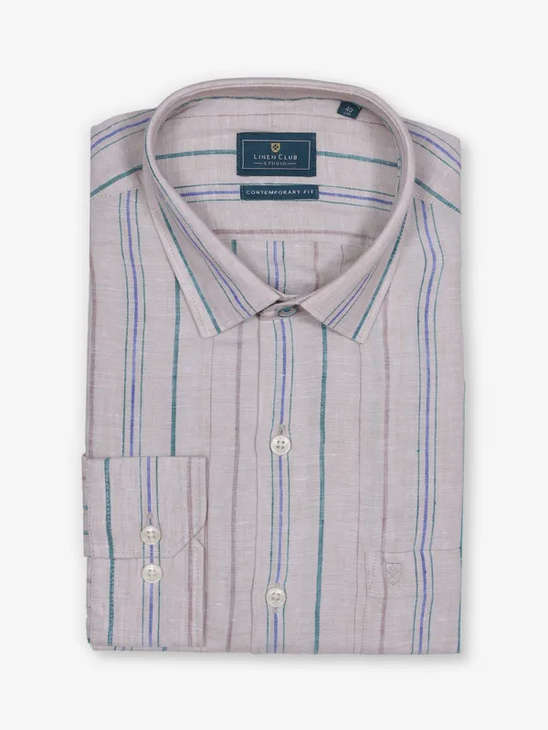LINEN CLUB beige linen formal shirt with stripe