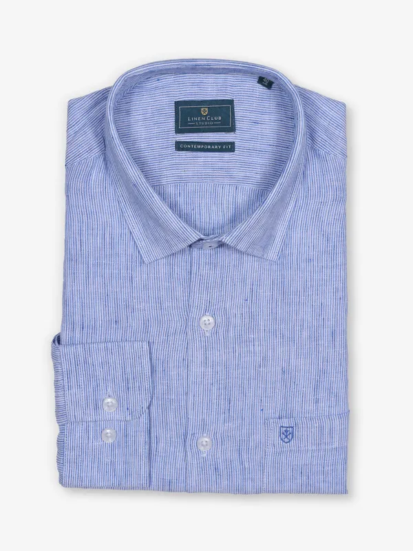 LINEN CLUB blue linen formal shirt with stripe