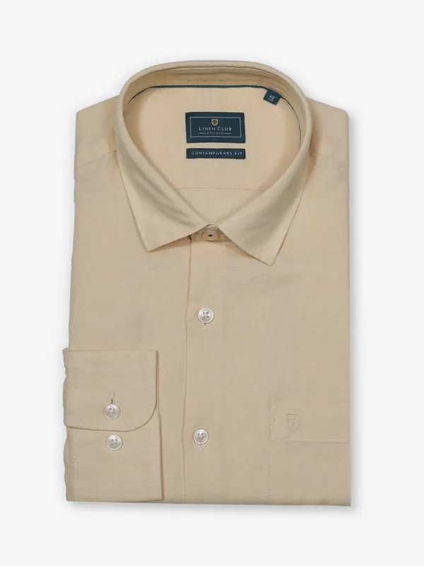 LINEN CLUB cream plain cotton shirt
