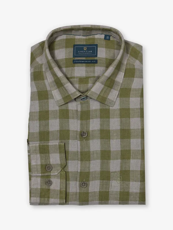 LINEN CLUB olive checks cotton shirt for men