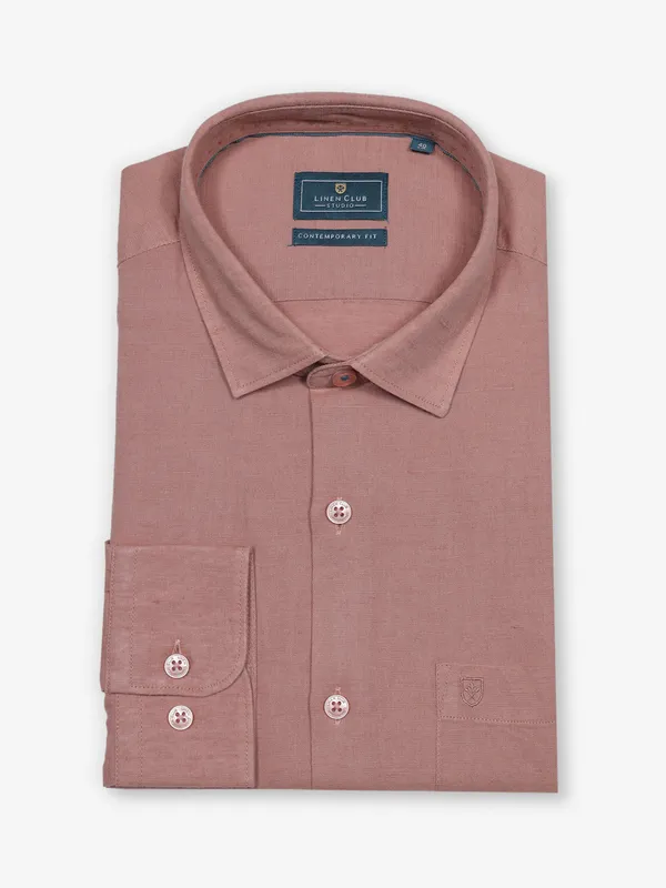 LINEN CLUB peach plain cotton shirt