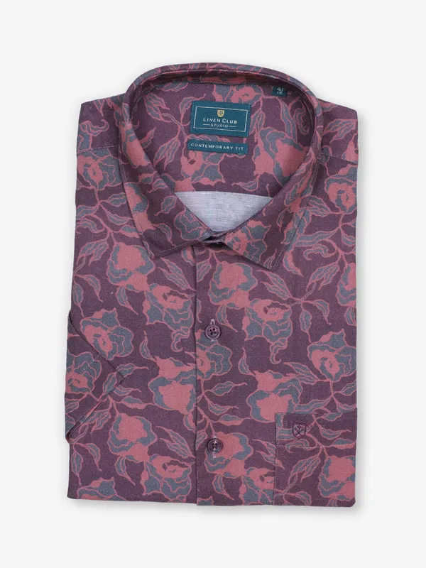 LINEN CLUB purple printed shirt
