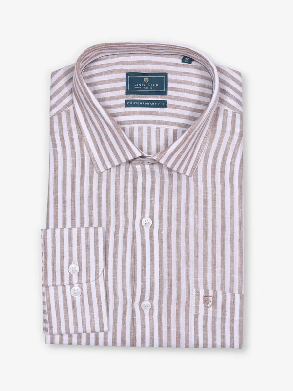 LINEN CLUB white and brown linen formal shirt