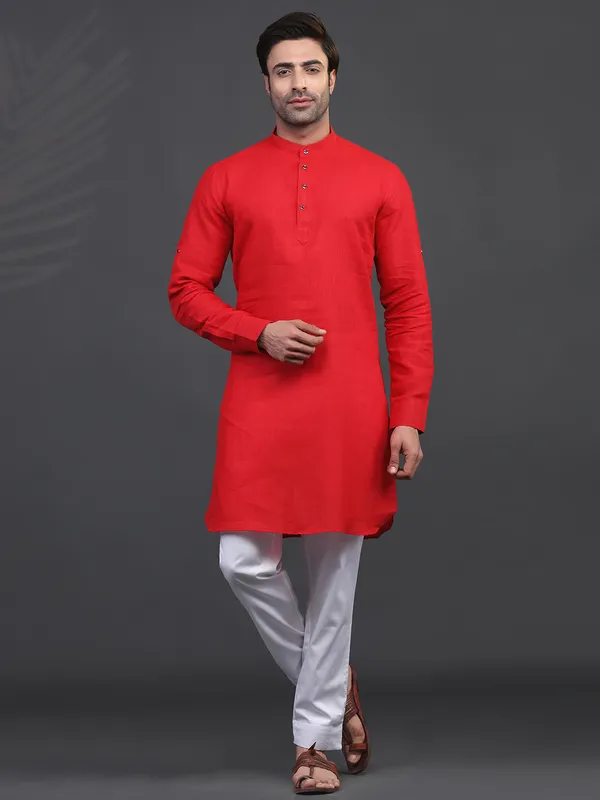 Linen red full sleeve kurta suit