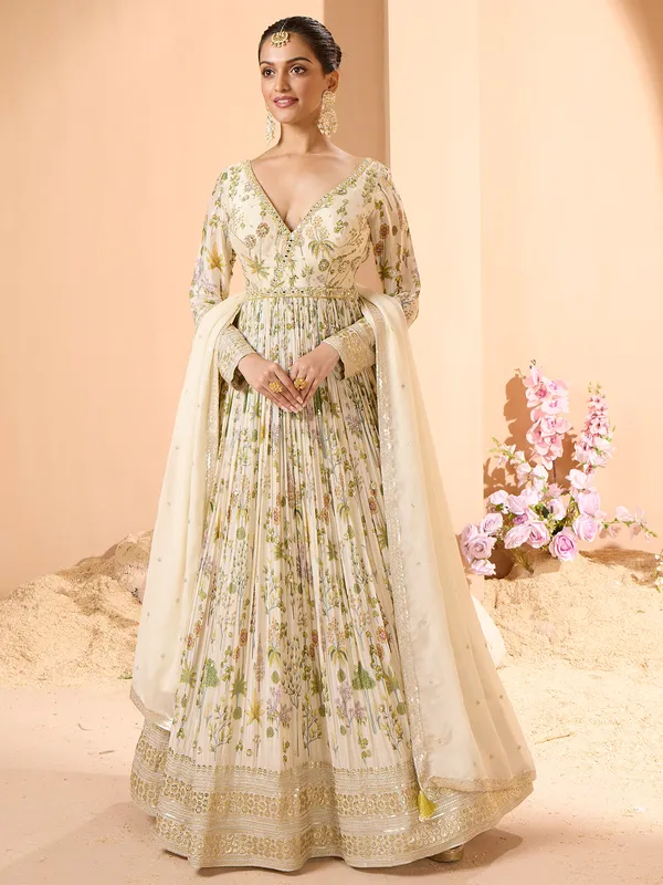 Long cut cream silk anarkali suit for women