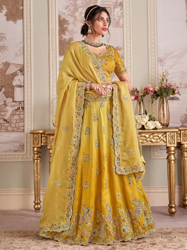 Lovely mustard hue silk unstitched lehenga choli