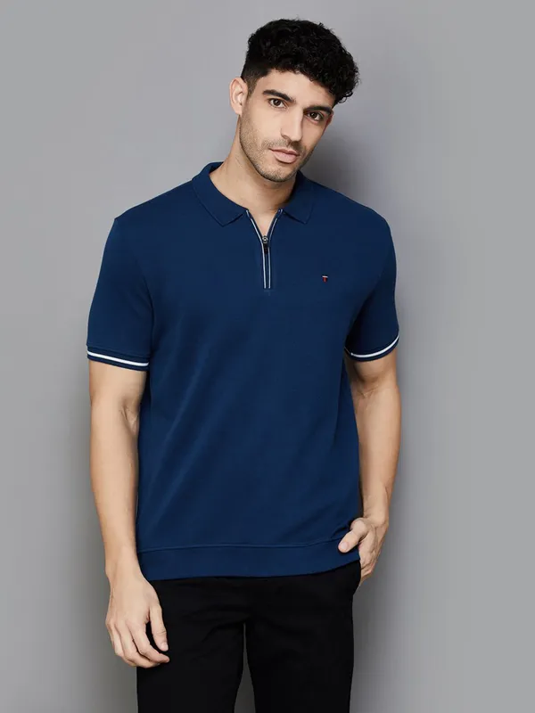 LP SPORT plain blue cotton slim fit t-shirt