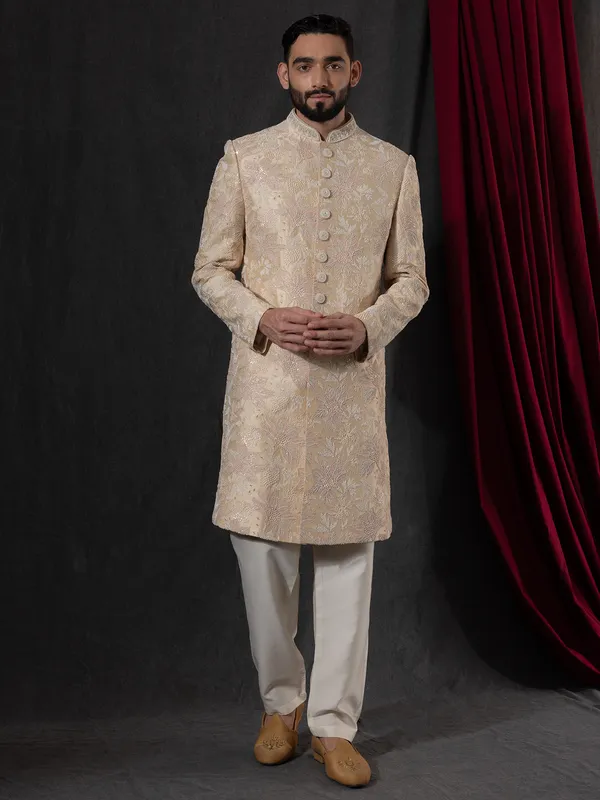 Luxurious beige wedding style indowestern for men