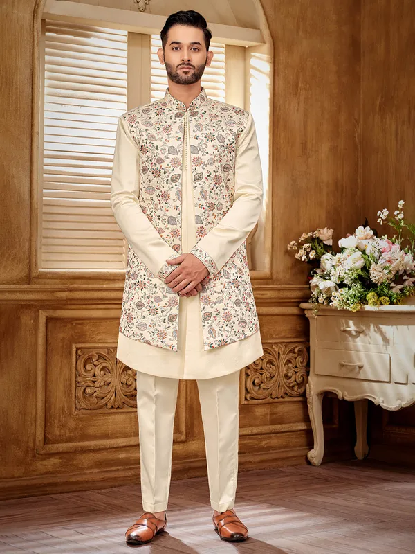 Luxurious cream silk indowestern jacket for men