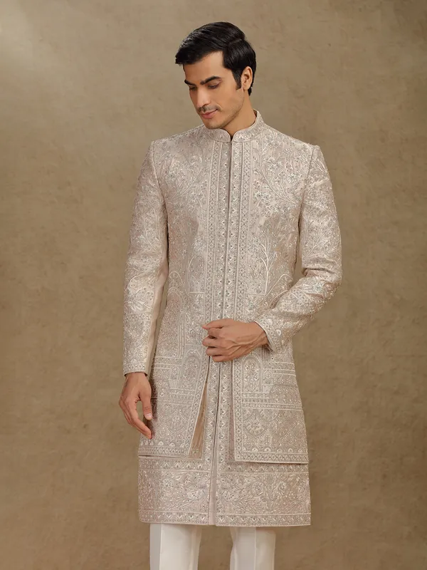 Luxurious cream silk sherwani with diamond highlights