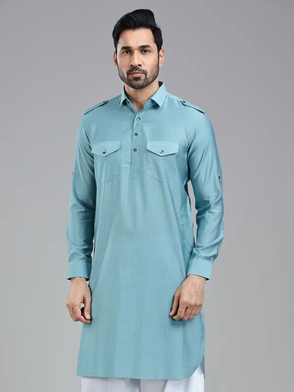 Luxurious firozi blue mens pathani kurta