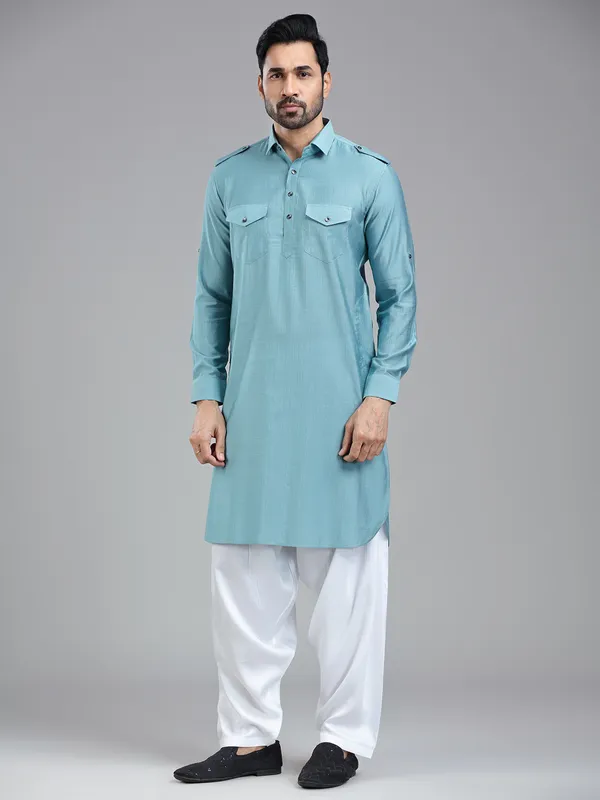 Luxurious firozi blue mens pathani suit