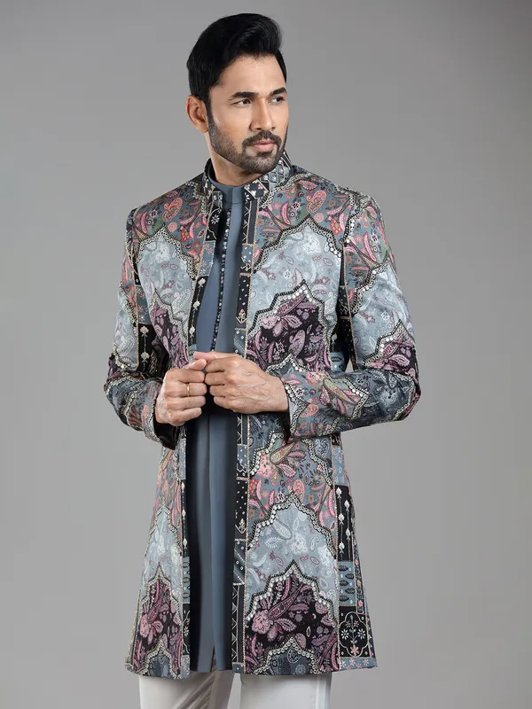 Luxurious stone grey silk indowestern with printed design