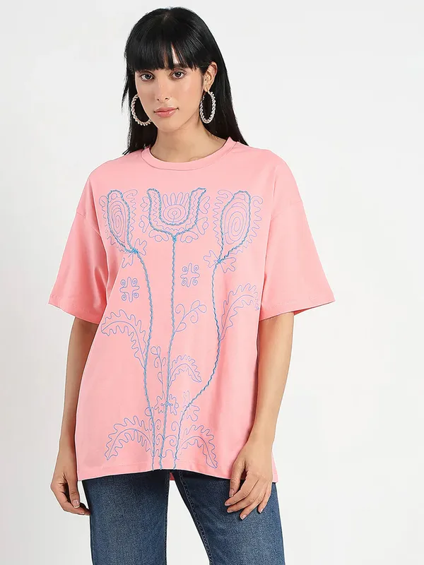 MADAME peach cotton printed t-shirt