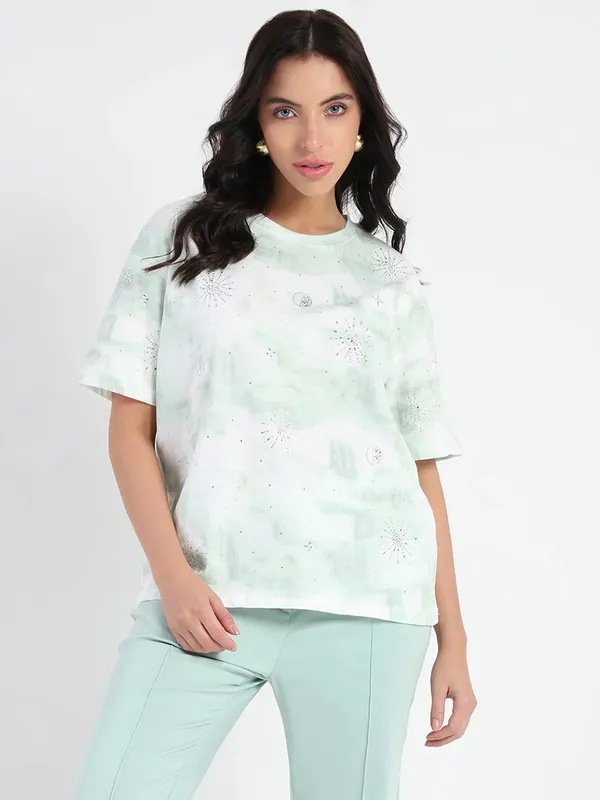 MADAME pista green printed cotton t-shirt
