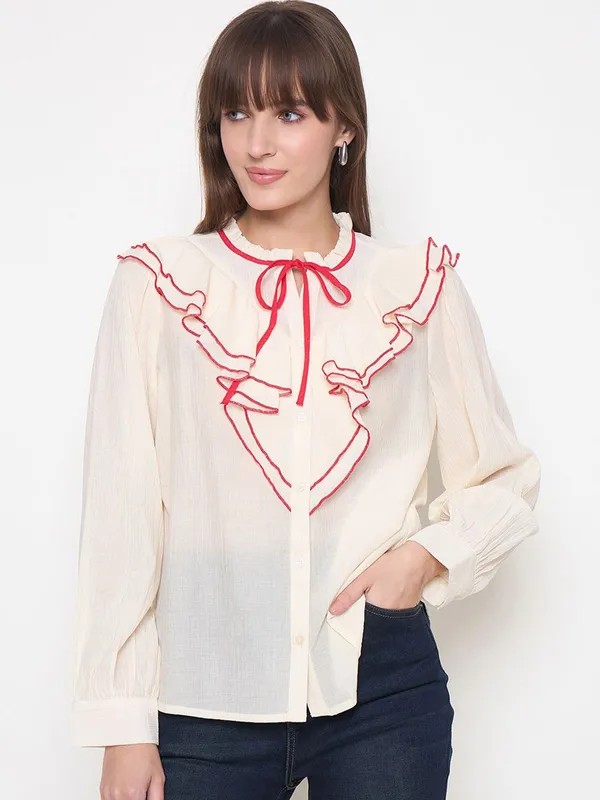 MADAME red and white linen top for women