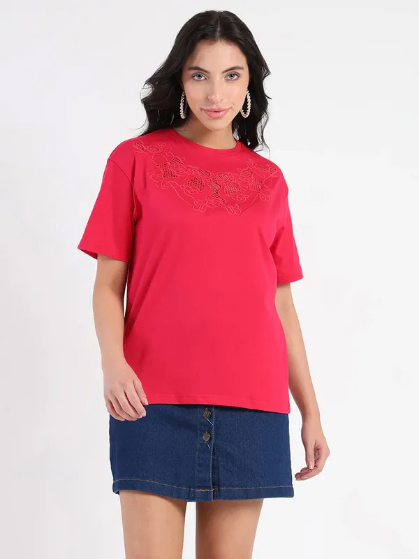 MADAME red cotton t-shirt with cutwork