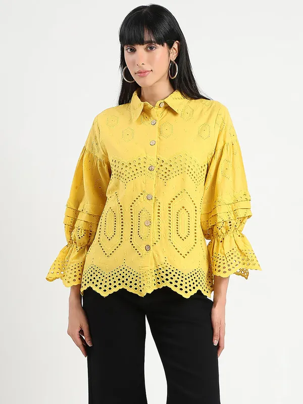 MADAME yellow cotton shirt with cutwork for women