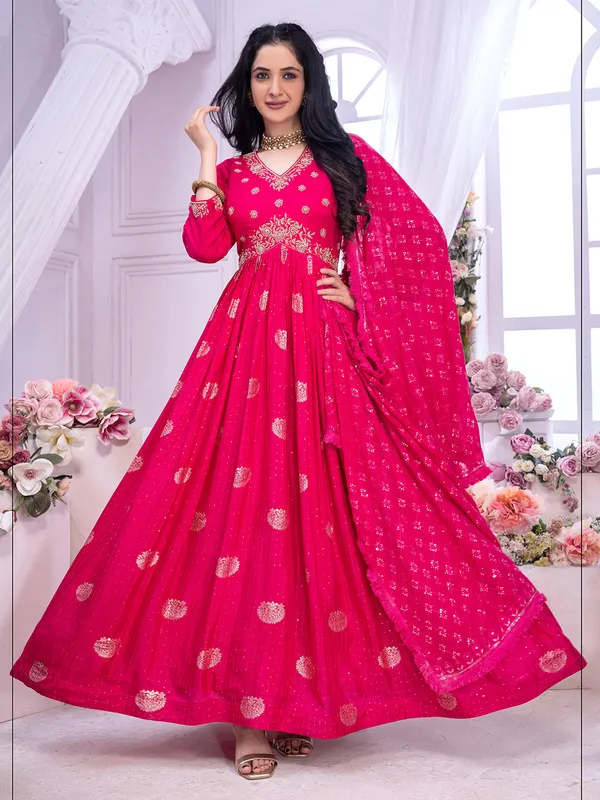 Magenta anarkali suit with lucknowi dupatta