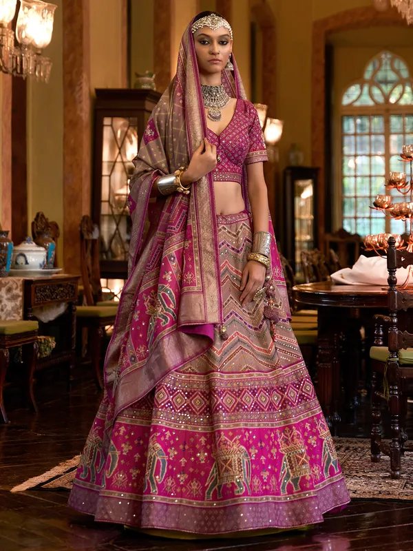 Magenta and grey silk printed lehenga choli