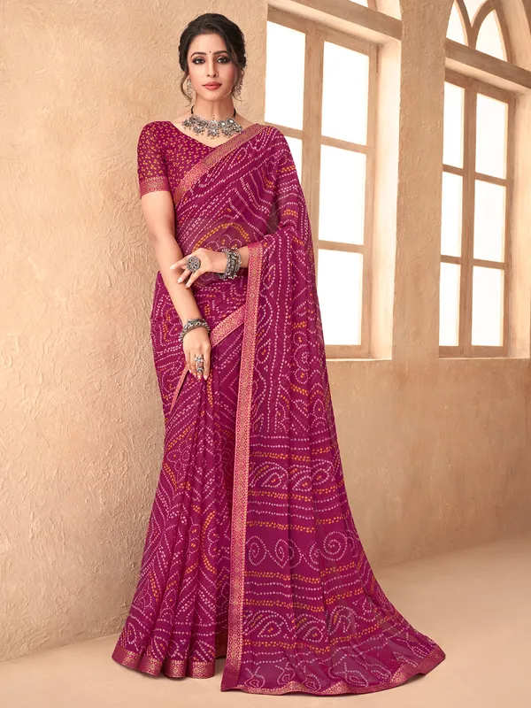 Magenta chiffon bandhani printed saree