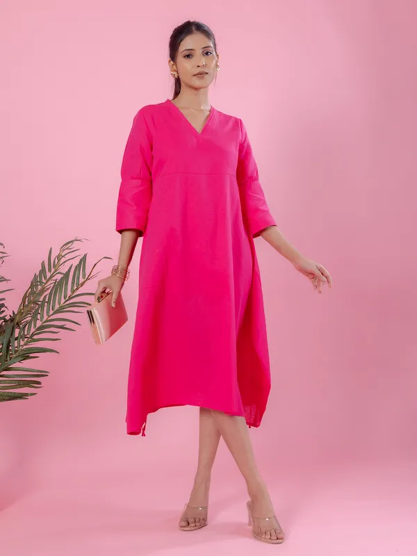 Magenta cotton casual dress for women