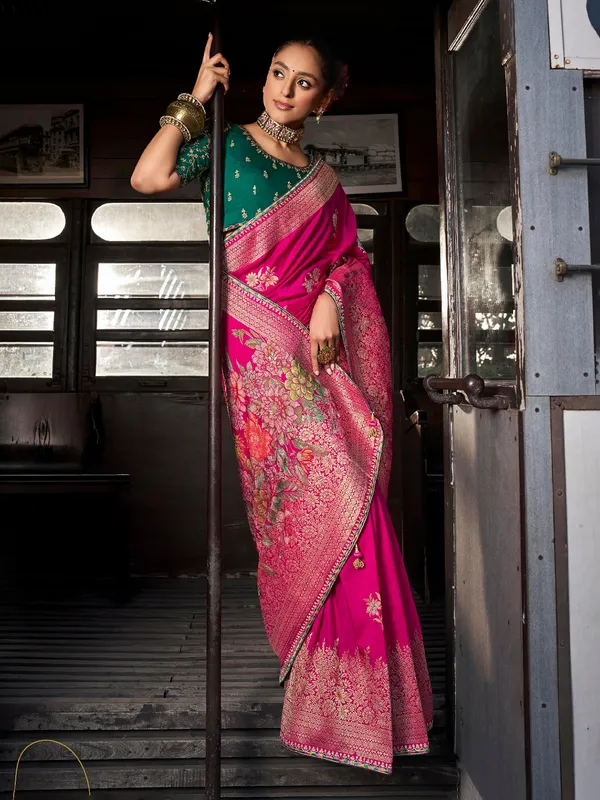 Magenta dola silk saree with contrast green border
